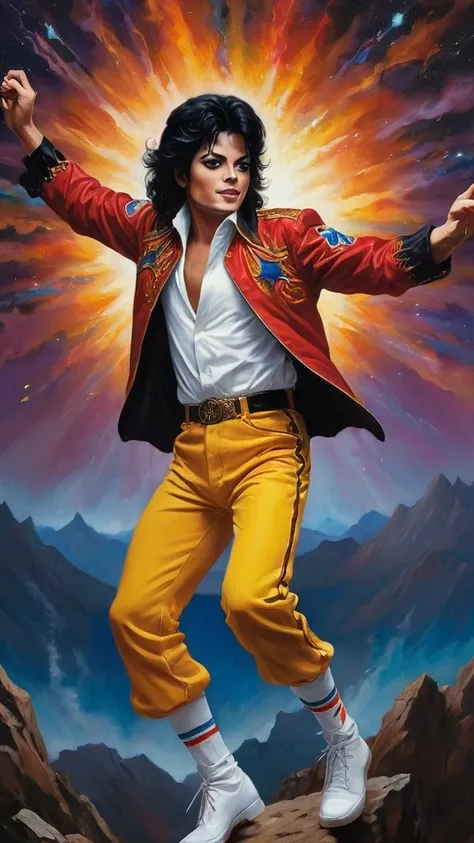 Full-body portrait of Michael Jackson dancing, Oil painting on canvas in the art style of Caravaggio, Thomas Kinkade, Neal Adams, Frank Frazetta, Boris Vallejo, Rembrandt, extremely colorful, universe, planet, performer, Milky Way, fire, explosion, cigaret...