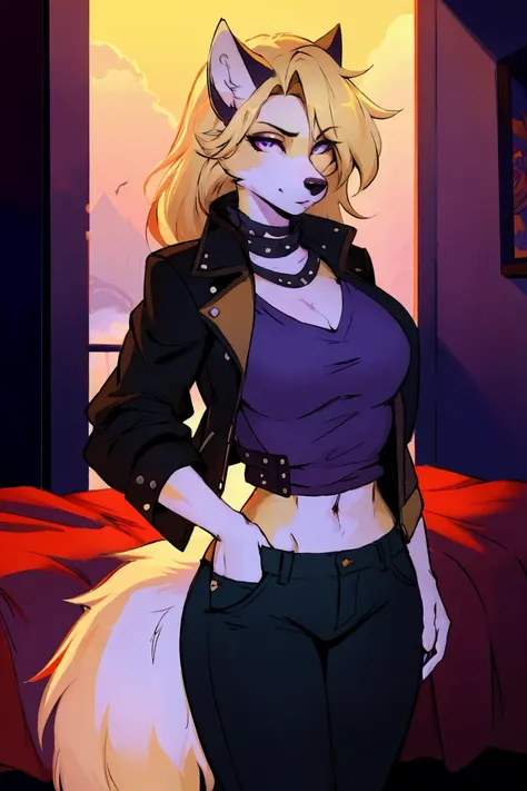 (Solitary), Female anthropomorphic wolf, Solitary, masterpiece, Best Art, Detailed hands, Delicate eyes, night, Anime latest art style, Medium Blonde, Creamy body lotion, Deep purple eyes, permanent, sports, Big body, permanent, bedroom, Bad Guy, Pants, ja...