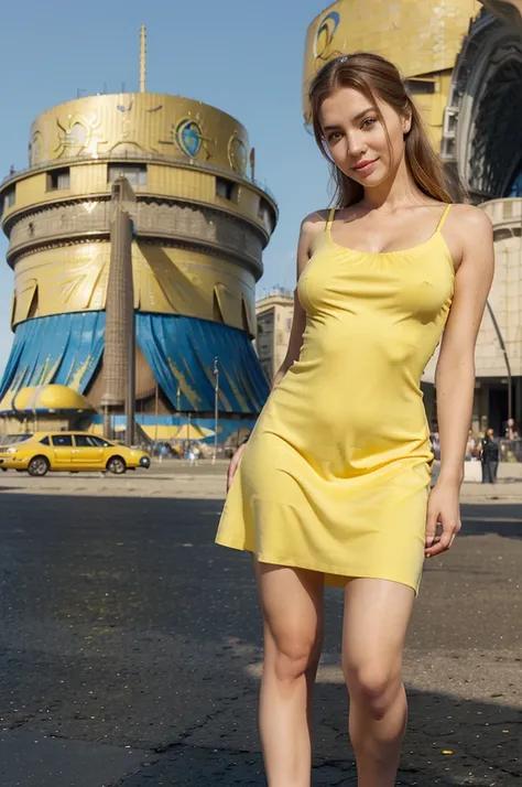 Ukrainian woman, full  body, nice face, jolie corps, sunny, ((dress with blue top and yellow bottom)), smirk, (((sur une grande place, with an opera behind her))), tribute war in Ukraine