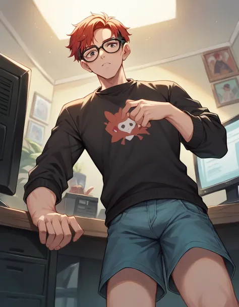 dyed redhead teen girl, hair just below the shoulders and layered cut, He wears black glasses and is white, wear a black sweater and shorts, He is in his room playing on a PC