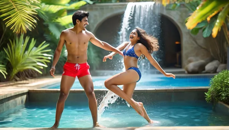 a vibrant scene of a 20-year-old indian brother and sister radhika and rohan frolicking in a picturesque swimming pool under the dappled shade of a palm tree, radhika with her delicate yet athletic frame flaunting her muscular legs as she emerges from the ...