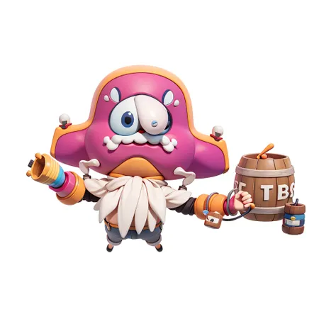 captain，No eyes，巨大的captain帽子盖过了他的脸，Red clown nose，White beard with large area，Long curly，No hands, only hooks，With a wooden barrel，TNT bomb，Isometric,xxxxxxxx cartoon 3d model,Low Poly,3D Art,C4D,octane
rendering, 3D Rendering, Ray traction, Clay Materials...