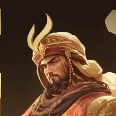 There is a man with horns and a beard, Inspired by Huang Shen, guan yu, Inspired by Hu Zaobin, Inspired by Wu Bin, Inspired by Li Kan, inspired by Huang Ding, arabian samurai, inspired by Du Jin, Inspired by Ma, G Liulian art style, Character Art Close-up