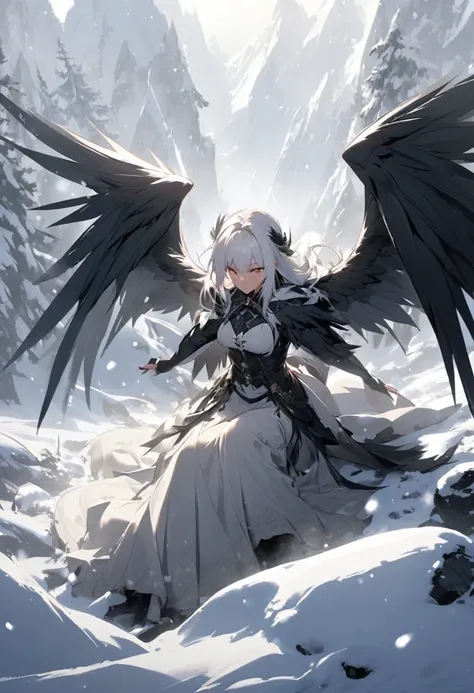  white-haired and fair-skinned with black wings amidst the snow