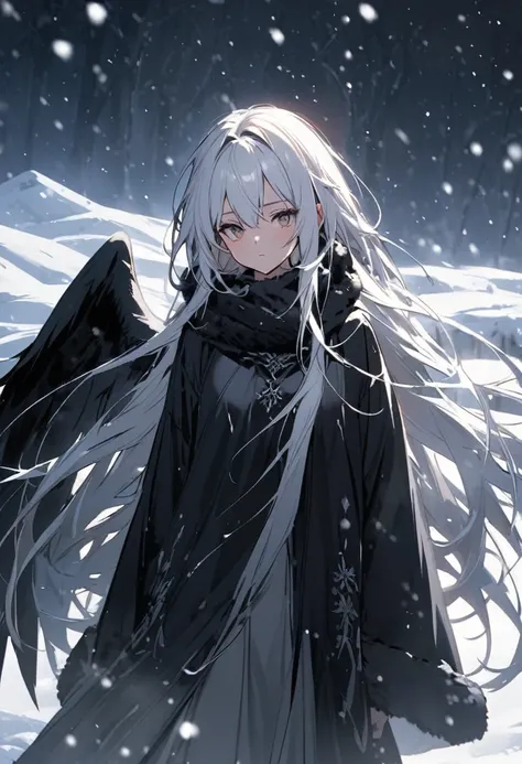  white-haired and fair-skinned with black wings amidst the snow