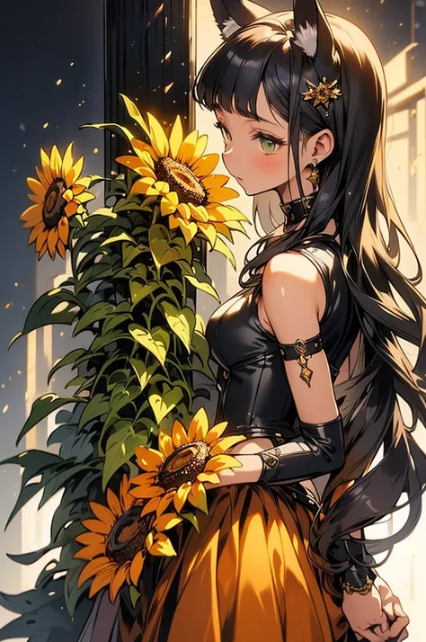 (masterpiece:1.2), hyper detail, best quality, (intricate_details:1.1), beautiful detailed, one lady, brown skin, from side, anime style, gray fox ears, green eyes, hold a sunflower, gray sleeveless shirt, gray tight skirt, orange corset, backlighting, no ...