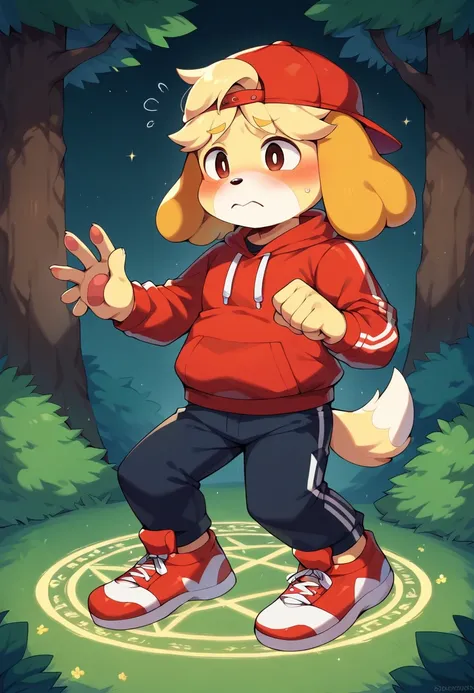 masterpiece, best quality, expressive eyes, perfect face, a man get transformed into isabelle (animal crossing), furry , solo, surpriced, blushed, black hair, long hair, red baseball cap, black shirt, red hoodie, black sports pants, red sport shoes, brown ...