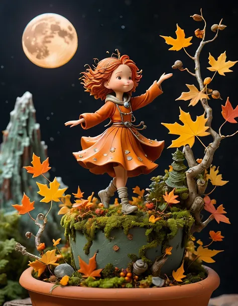 A whimsical miniature figure crafted from delicately arranged autumn leaves dances gracefully on the rim of a weathered, moss-covered terracotta pot. integrating the moon land, mountains with skyscrapers and holographic Astronaut, evoking the legacy of the...