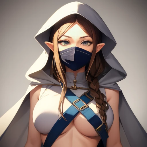 A full-body shot of Princess Zelda, brown hair, blue eyes, dressed as an Assassin from Assassins Creed, in white+gold witha white mask and hood with gold details, XL bust, using a wrist blade. Background: A city during the renaissance period. Unreal Engine...