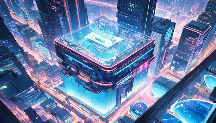 Future City, Above, jump, (Whales), mechanical, Neon Light, reflection, skyscraper, hologram, advertisement, Near future, Cityscape, technology, vivid, Fantasy