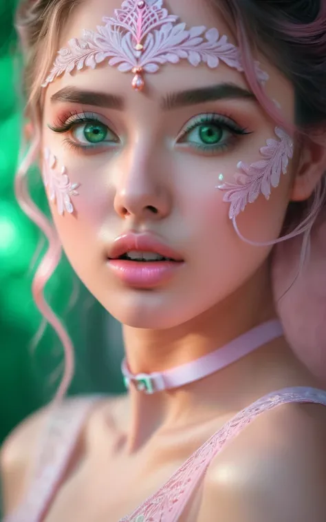 (best quality, 4K, 8K, high-resolution, masterpiece), ultra-detailed, colorful pastel, beautiful young woman, digital art, detailed facial features, light pink tones, emerald tones, charming character illustrations, soft focus, intricate design, gentle exp...