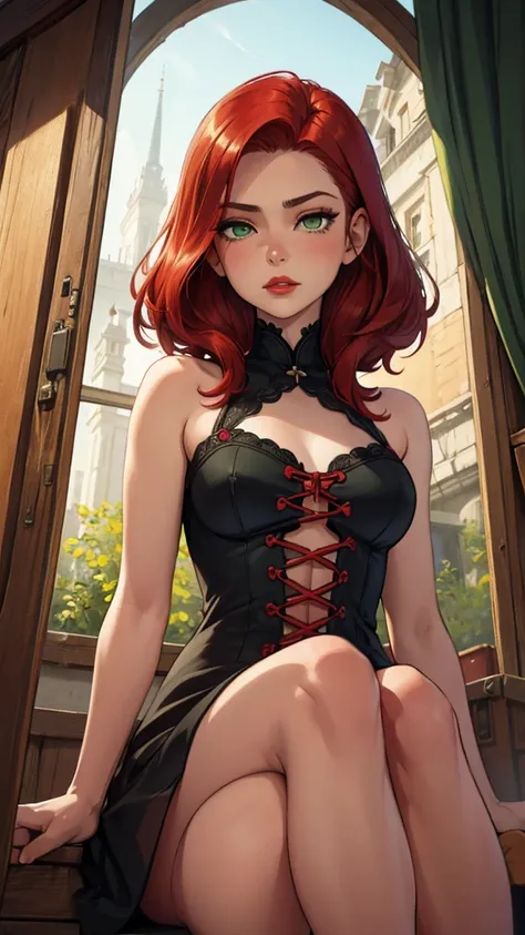 Portrait of a beautiful teenager, small breasts, intricate dress, soft smile, Red lips, redhead, green eyes, realism, digital paint, conceptual art, seeds, sharp focus, rule of thirds, Psycho-Style