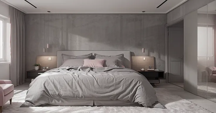 Modern style luxury room design , grey matt walls, grey and pink bedding 