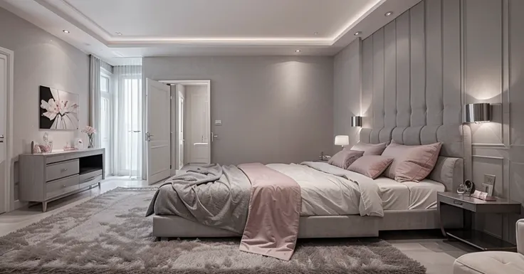 Modern style luxury room design , grey matt walls, grey and pink bedding 