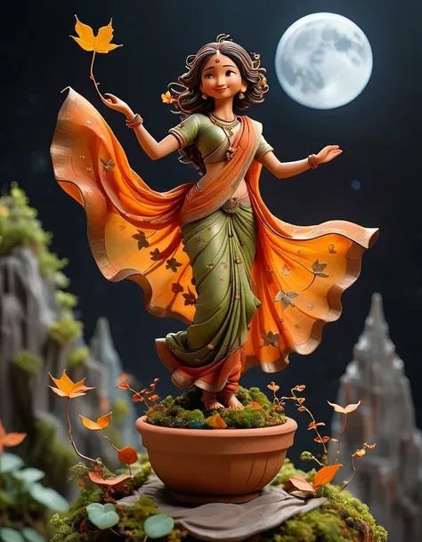 A whimsical miniature figure crafted from delicately arranged autumn leaves dances gracefully on the rim of a weathered, wearing Saree, moss-covered terracotta pot. integrating the moon land, mountains with skyscrapers and holographic Astronaut, evoking th...