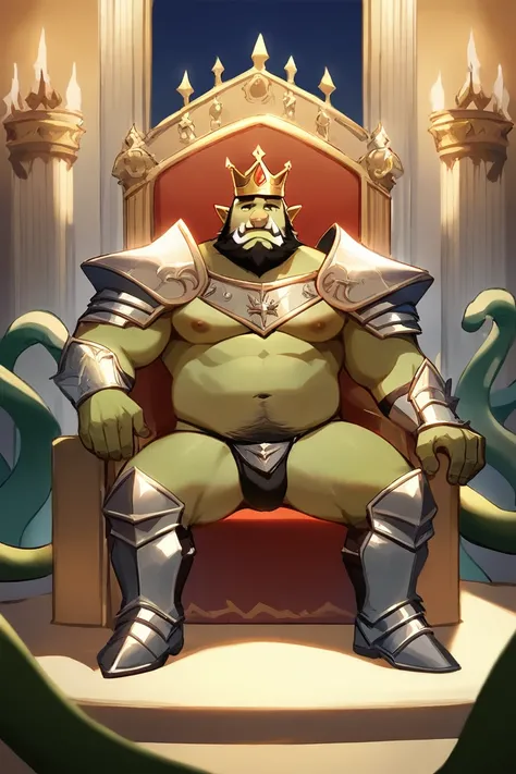 core_9, score_8_up, score_7_up, solo, male focus, male, chubby orc, green skin, tusks, beard, palace , night, king crown , micro armor , shoulder armor , (black g-string) , full body , armor boots , laying spread legs , Throne , He was raped by Tentacles ,...