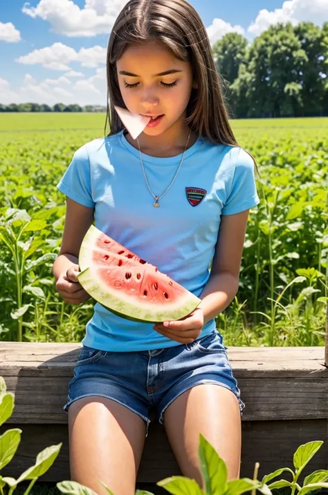 summer，sunny，Blue sky，White Cloud，Teenager eating watermelon in the field，