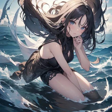 (Highest quality、masterpiece、High resolution、8k)、Vibrant colors、1 female、Long black hair、whole body、barefoot、thin、(Detailed face、Beautiful Eyes、Beautiful Nose、Pretty lips)、A woman in a white dress jumps high、Official Art、The background is the sea、blue sky、...