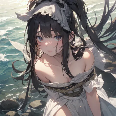 (Highest quality、masterpiece、High resolution、8k)、Vibrant colors、1 female、Long black hair、whole body、barefoot、thin、(Detailed face、Beautiful Eyes、Beautiful Nose、Pretty lips)、A woman in a white dress jumps high、Official Art、The background is the sea、blue sky、...