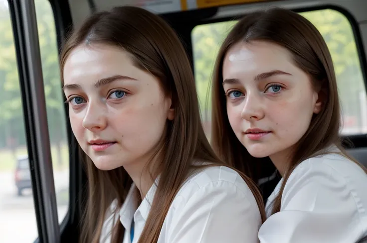 full_body, standing, driving a school bus, (anna_vlasova: 1.3), perfect face, (contact iris: 1.1), pale skin, skin pores , depth...