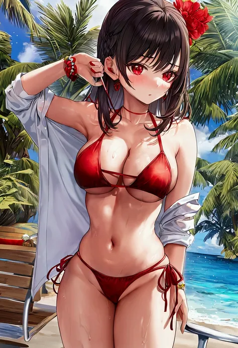 Change her clothes to a red bikini