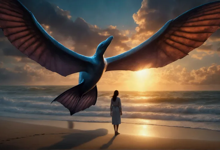 A sky whale, enormous wings, a woman lying on the beach watching its majestic flight, dreamy skies, (best quality,8k,highres,masterpiece:1.2),ultra-detailed,(realistic,photorealistic,photo-realistic:1.37),HDR,UHD,studio lighting,ultra-fine painting,sharp f...