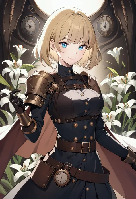 slender, mature female, steampunk,solo, blonde_hair, closed_mouth, holding, 1girl, blue_eyes, armor, shoulder_armor, gauntlets, gloves, knight, cape, belt, pauldrons, armored_dress, bangs, lips, short_hair, long_sleeves, dress, white_lily, looking_at_viewe...