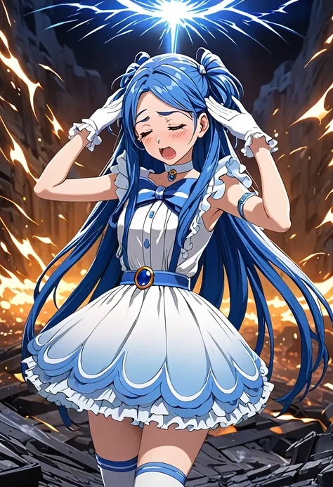 cure white,mini skirt,white choker, Thigh straps,elbow glover,detailed hair and costume, long flowing blue hair, white and blue frilly dress, white gloves and boots, holding her ears with both hands, blushing cheeks, in pain, suffering from enemys sonic at...