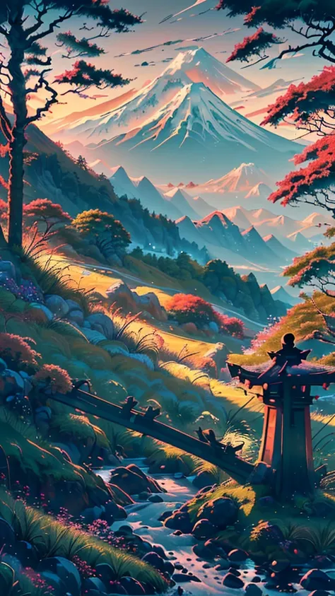 A Japanese valley unfolds with Mount Fuji in the background. Alongside vibrant grass, a slender road meanders, accompanied by the presence of tall trees, enhancing the serene beauty of the landscape.