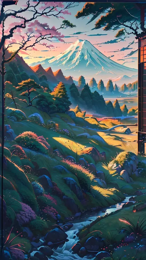 A Japanese valley unfolds with Mount Fuji in the background. Alongside vibrant grass, a slender road meanders, accompanied by the presence of tall trees, enhancing the serene beauty of the landscape.