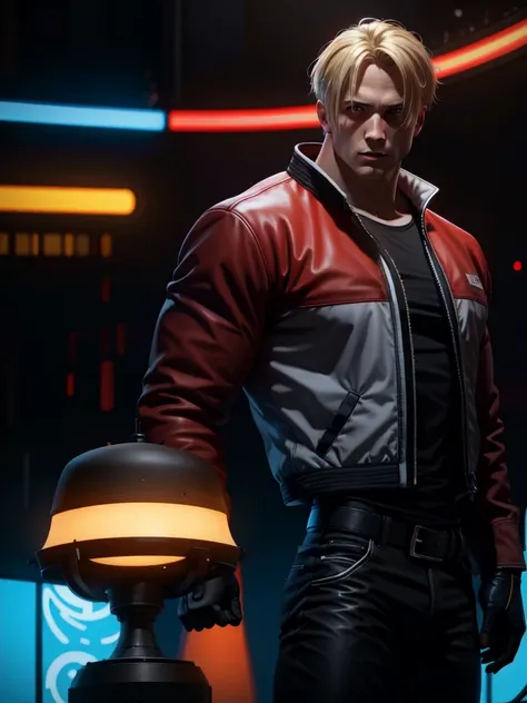 25 year old man, alone, alone, athletic, muscular, blonde hair, red jacket, black t-shirt, black belt and black pants, black fingerless exercise gloves, annoyed look, profile position, expelling a big blue power, cinematic, ultra sharp focus, award winning...