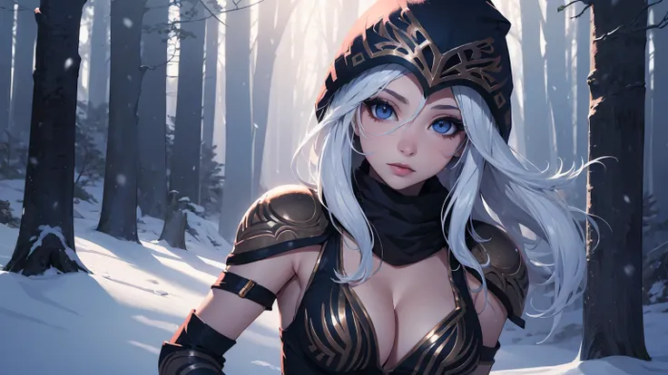 league of legends ashe, warrior, (masterpiece, best quality), beautiful woman, soft light, outdoor snowy forest of pine trees, p...