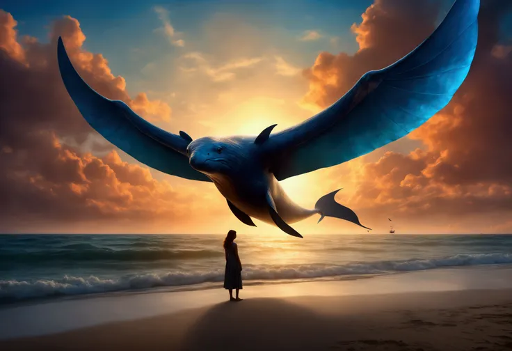 A sky whale, enormous wings, a woman lying on the beach watching its majestic flight, dreamy skies, (best quality,8k,highres,masterpiece:1.2),ultra-detailed,(realistic,photorealistic,photo-realistic:1.37),HDR,UHD,studio lighting,ultra-fine painting,sharp f...