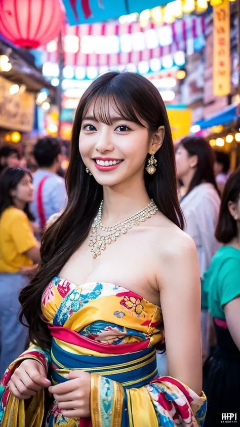 “A beautiful woman with a large chest wearing a traditional festival happi , smiling and enjoying the festival atmosphere. She has long, flowing hair and is standing against a backdrop of colorful festival decorations and lanterns. The scene is lively and ...