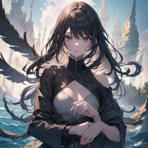 (Highest quality、masterpiece、High resolution、8k)、Vibrant colors、1 female、Long black hair、whole body、barefoot、thin、(Detailed face、Beautiful Eyes、Beautiful Nose、Pretty lips)、A woman in a white dress jumps high、Official Art、The background is the sea、blue sky、...