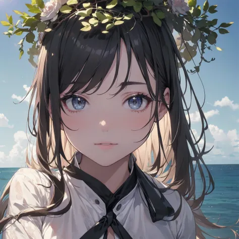 (Highest quality、masterpiece、High resolution、8k)、Vibrant colors、1 female、Long black hair、whole body、barefoot、thin、(Detailed face、Beautiful Eyes、Beautiful Nose、Pretty lips)、A woman in a white dress jumps high、Official Art、The background is the sea、blue sky、...