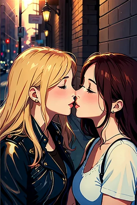 (masterpiece, top quality), lesbian love Incredibly beautiful young couple kisses passionately face to face on the street.. This illustration boasts a shining, loose hair,, accented with a leather pilot&#39;s hat, decorated with intricate decor.. Her outfi...