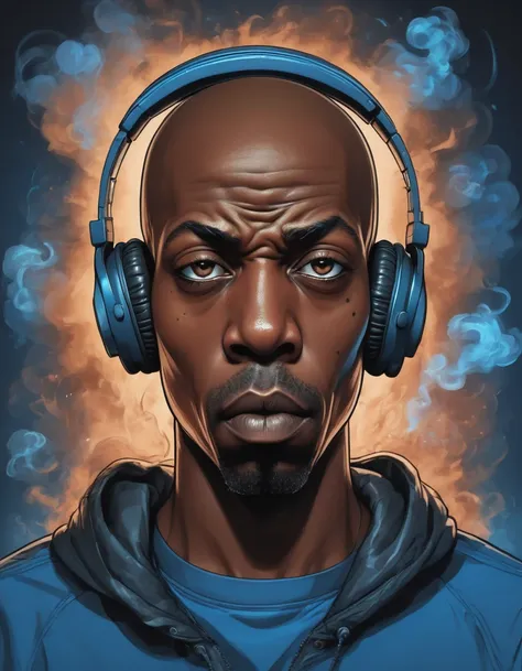 breathtaking vector cartoon illustration of shawt a black man ,wearing headphones, in a room full of smoke ,anastomosing, electr...