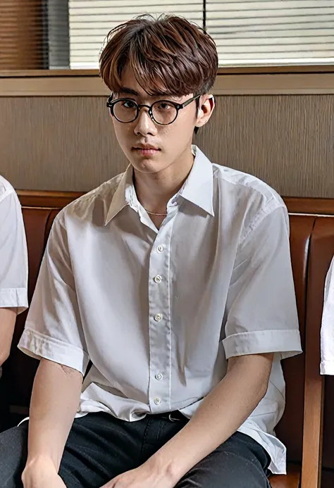 A handsome young man with a striking resemblance to a popular K-pop idol sits pensively, his gaze fixed upon us. He wears a crisp white shirt, complete with a collar and short sleeves, and a pair of stylish glasses. His short brown hair is neatly styled.