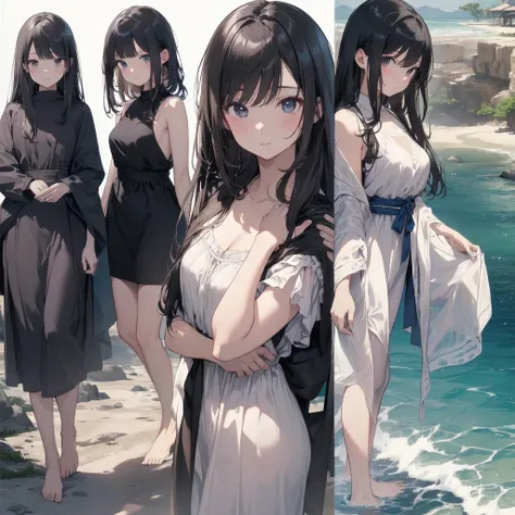 (Highest quality、masterpiece、High resolution、8k)、Vibrant colors、1 female、Long black hair、whole body、barefoot、thin、(Detailed face、Beautiful Eyes、Beautiful Nose、Pretty lips)、A woman in a white dress jumps high、Official Art、The background is the sea、blue sky、...