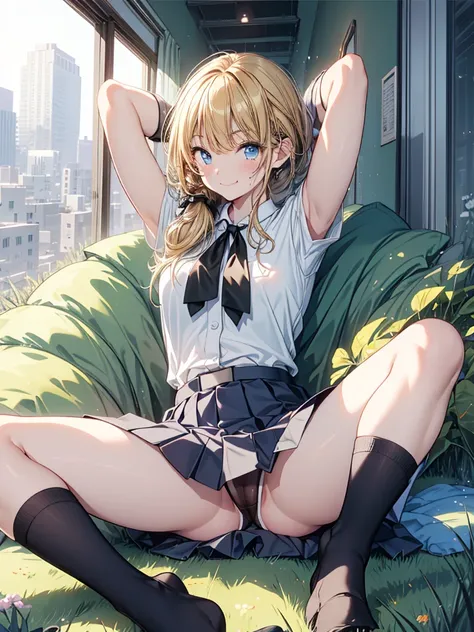 nsfw,High resolution、High resolution、high quality、masterpiece、1 female、Ellen Baker、School classmates、18-year-old、high school girl、Slim and long beautiful legs、skinny、blonde、blue eyes、Bedroom、Lying on the bed、((open legs:1.5)),((Spread your legs wide)),Stan...