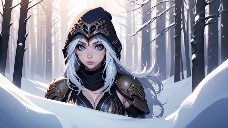 league of legends ashe, warrior, (masterpiece, best quality), beautiful woman, outdoor snowy forest of pine trees, (snow storm),...