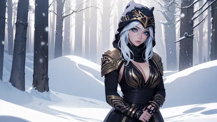 league of legends ashe, warrior, (masterpiece, best quality), beautiful woman, outdoor snowy forest of pine trees, (snow storm),...