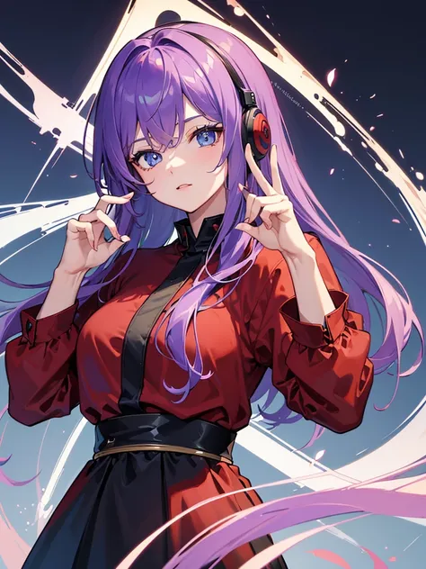 ((best quality)), ((masterpiece)), (Ultra detailed), ((4k)) , ((Eyes Details)) 

Solo , Purple Hair , Blue eyes , Cute Face , Middle Ages.

Red Long Shirt , Plain Shirt , Cat Headphone , Peace Pose 