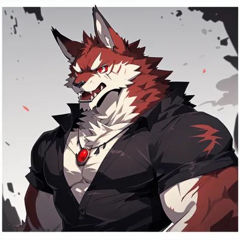 Rabbit), anthropomorphic red rabbit, alone, (scar on left eye), (2-tone white and red fur), (neck), (perfect red eyes:1.4), （Artist:Takemoto Arashi）, twitch, mature face, older, clear facial details, Rough, intimidating, , side of character, long eyelashes...