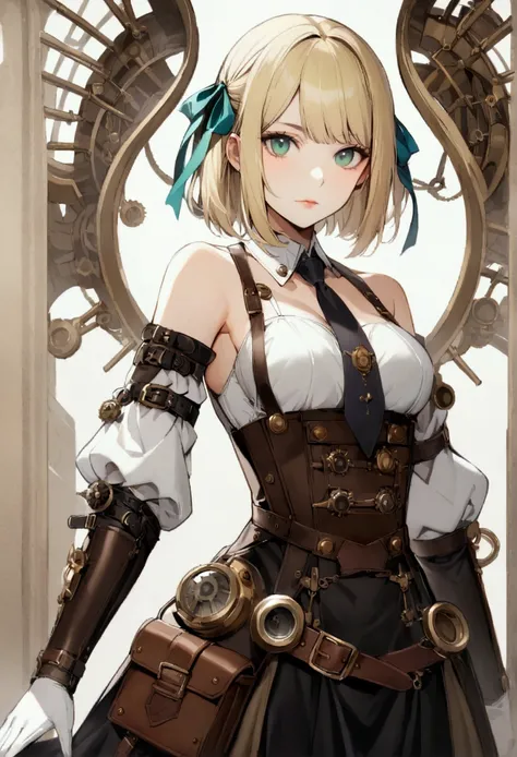 slender, mature female,rating:safe, steampunk,1girl, blonde_hair, green_eyes, solo, detached_collar, armor, gloves, bare_shoulders, ribbon, detached_sleeves, hair_ribbon, breasts, armored_dress, short_hair, closed_mouth, wings, looking_at_viewer, bangs, dr...