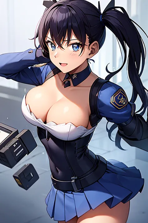 Mecha Wings、Blue Skirt、Accentuated thighs、chest、Black Hair、1 girl、solo girl、IS、Frame Arms Girl、Alice Gere Aegis、White Armor、Pink Line、income、headphone、hand on own chest、smile、Miike Naeko,One girl,alone,police,police ユニフォーム,police woman,tie,Twin tails