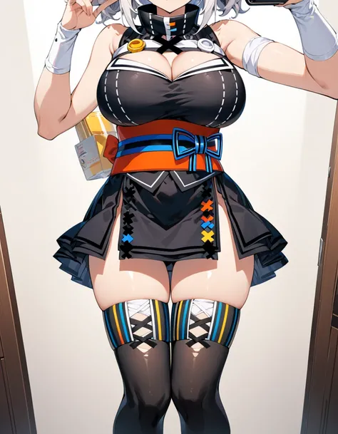 score_9,score_8_up,score_7_up, best quality, masterpiece , perfect anatomy,,.official style, kaguya luna, very aesthetic, intricate, overall detail, 1 girl, upper cleavage,sash,, black miniskirt, thighhighs, , light smile, simple background, (from front), ...