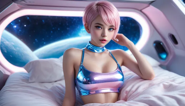 highest quality, masterpiece, high resolution, 8k, ((cute girl wearing shiny light pink and blue oversized crop top, small and t...