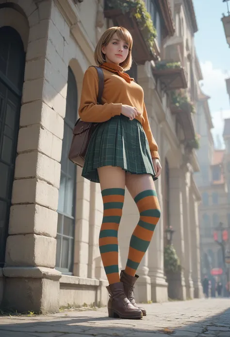 score_9, score_8_up, score_7_up, 1girl,ashley graham, solo, full body,from below,suit, striped thighhighs,gwentstyle